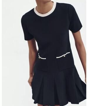 Zara Dress Womens Small Black Knit Pleated Mini Pockets Contrast Trim Preppy